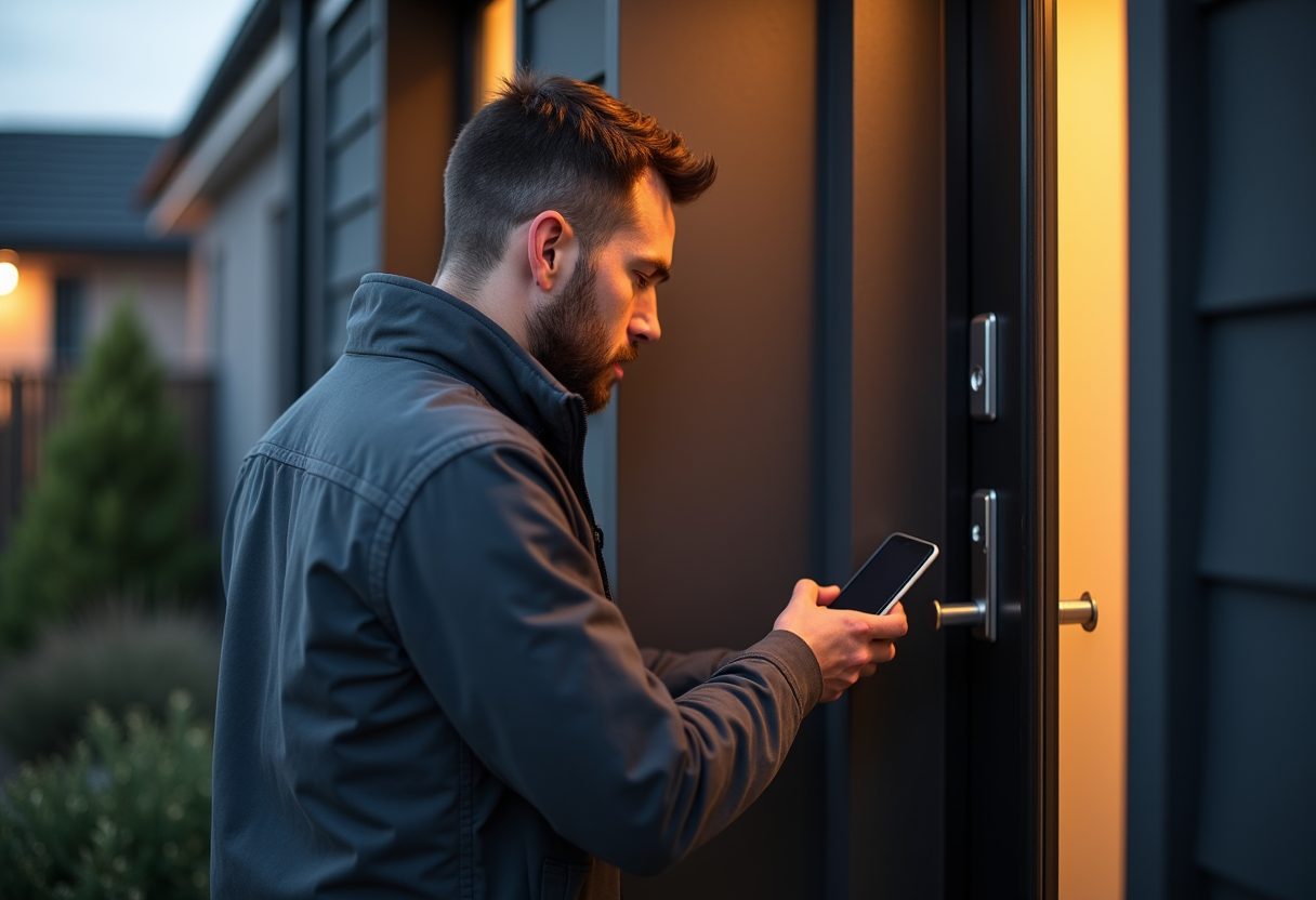 Keypad smart lock being installed on a modern front door — Cammeray